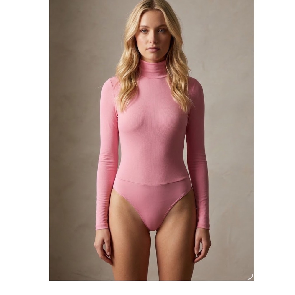 AFRM Zadie Mock Neck Mesh Bodysuit Pink Long Sleeve Sheer Thong AER003013 Small